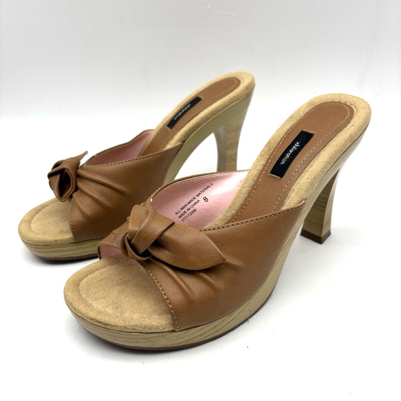 Vintage 00s Y2K Xhilaration Tan Faux Leather Wooden Block Heel Open Toe Pumps 8 - Picture 4 of 16